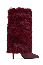 Load image into Gallery viewer, Brandi Faux Fur Stiletto Knee High Boots – Wine