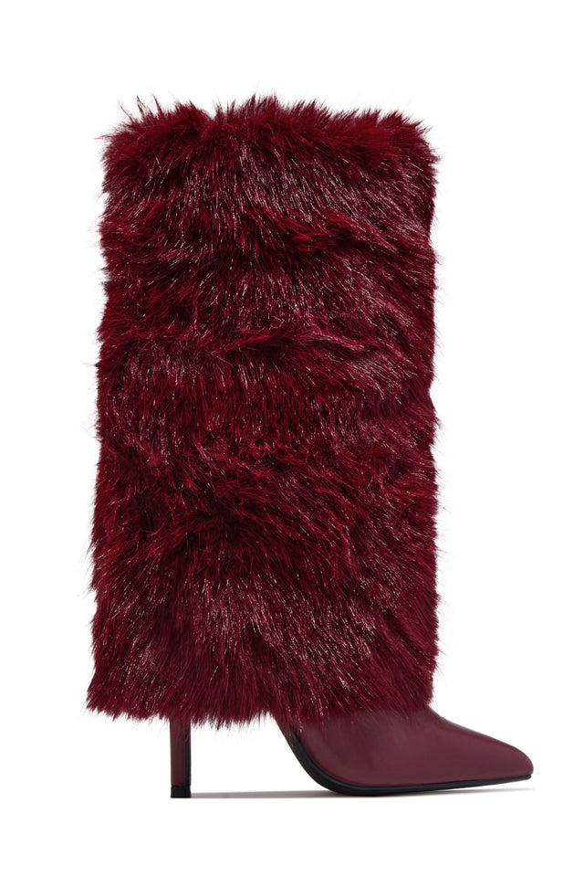 Load image into Gallery viewer, Brandi Faux Fur Stiletto Knee High Boots – Wine