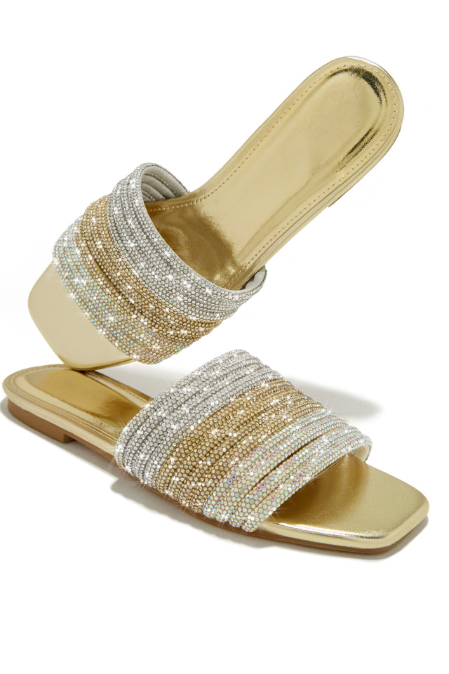 Load image into Gallery viewer, Gold-Tone Embellished Slip On Sandals