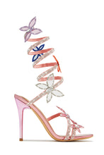 Load image into Gallery viewer, Pink Wrap Around Ankle Coil Embellished Butterfly Patch Heels