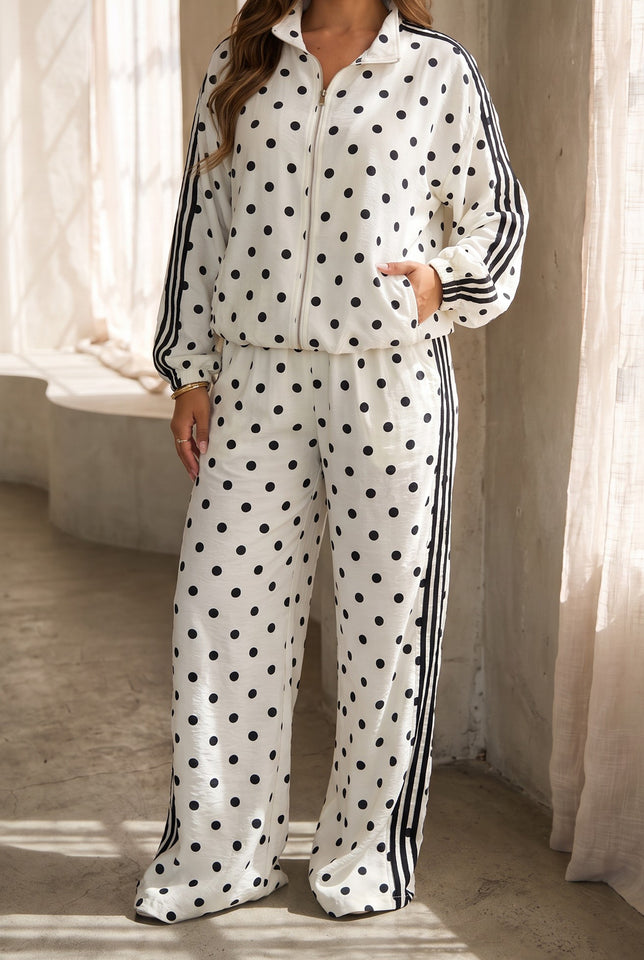 Load image into Gallery viewer, Janelle Polka Dot Track Pants Set - Ivory