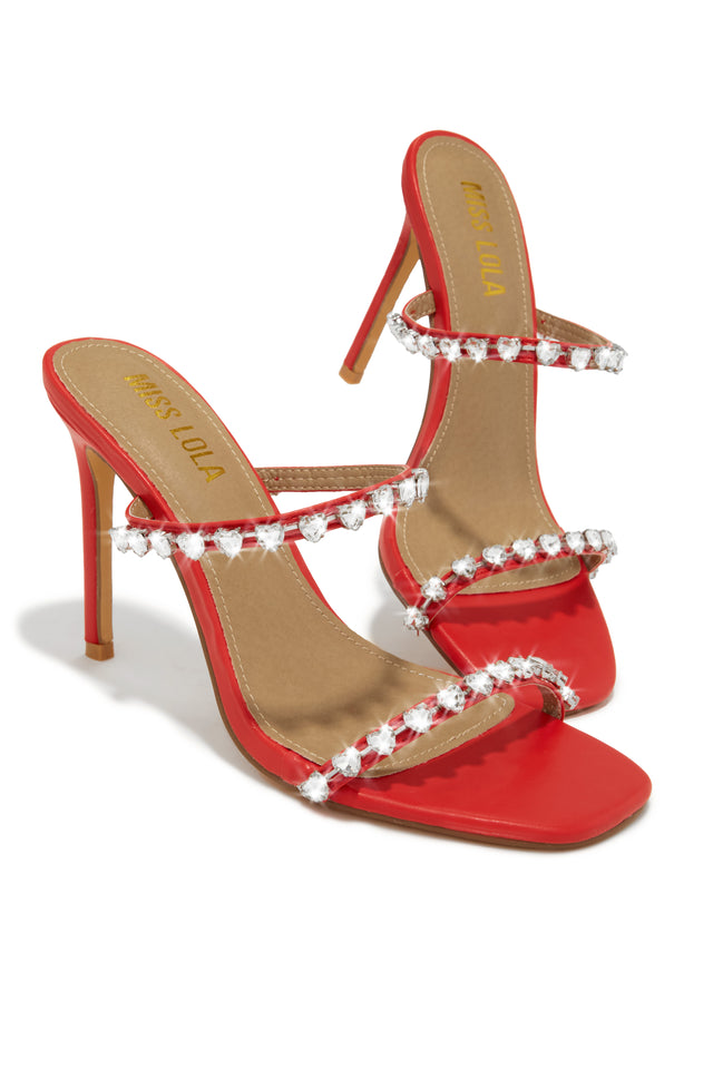 Load image into Gallery viewer, Love Addiction Embellished High Heel Mules - Red