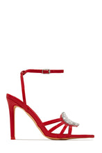 Load image into Gallery viewer, Red Strappy Single Sole High Heels with Embellished Heart Detailing