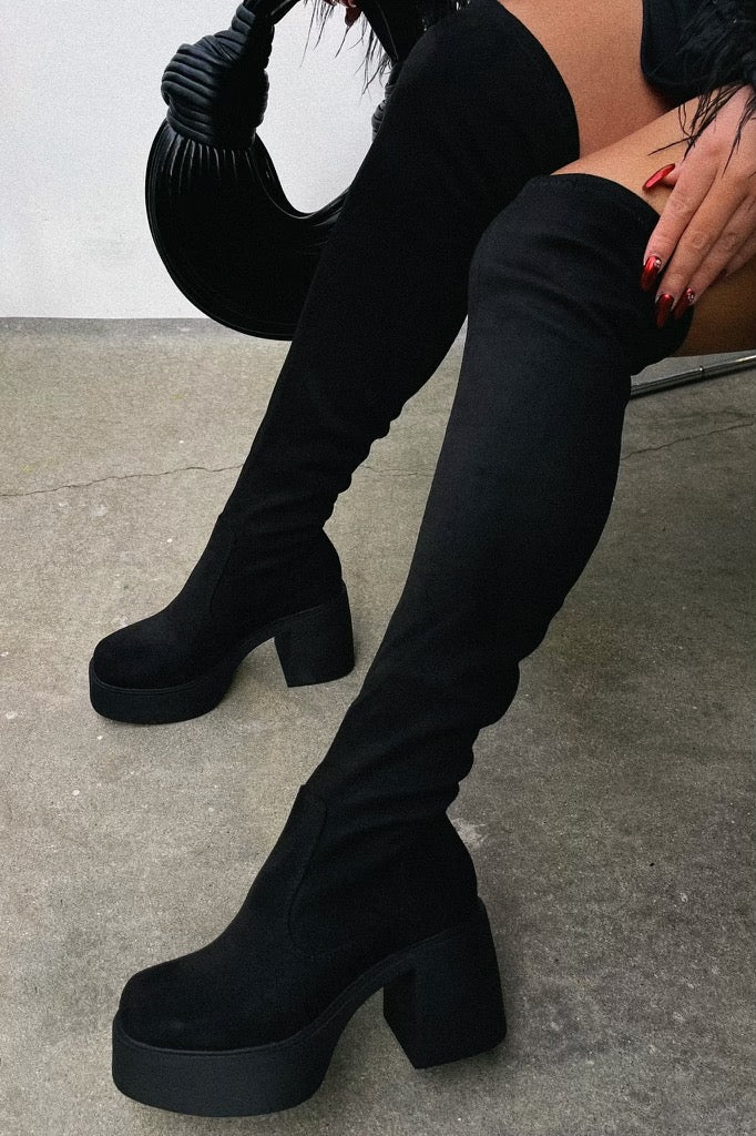 Miss Lola Reezy Black Over The Knee Platform Block Heel Boots