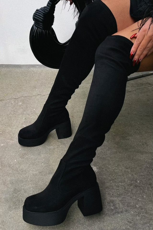 Load image into Gallery viewer, Reezy Over The Knee Platform Block Heel Boots - Black