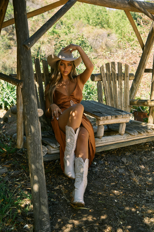 Load image into Gallery viewer, Model Wearing Cowgirl Boots with Rust Maxi