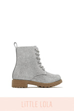 Load image into Gallery viewer, Mini Attitude Kids Glitter Lace Up Combat Boots - Silver