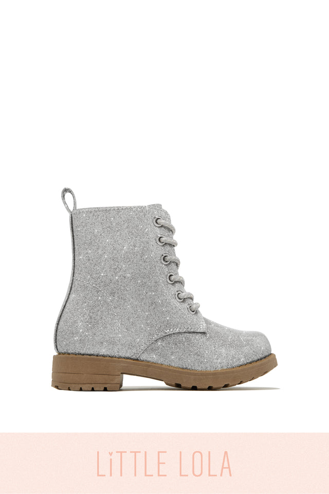 Load image into Gallery viewer, Mini Attitude Kids Glitter Lace Up Combat Boots - Silver