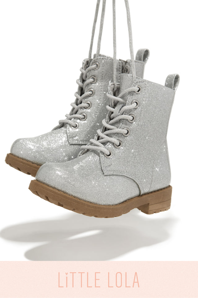 Load image into Gallery viewer, Mini Attitude Kids Glitter Lace Up Combat Boots - Silver
