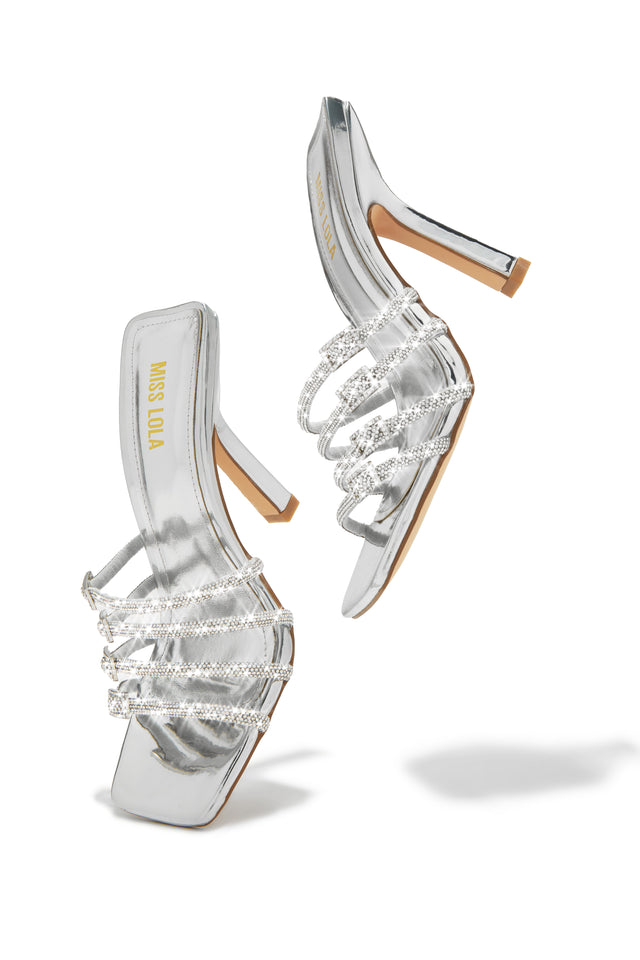 Load image into Gallery viewer, Silver-Tone Embellished Strap Mules