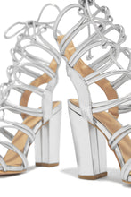 Load image into Gallery viewer, Miami Vibes Lace Up Block High Heels - Silver