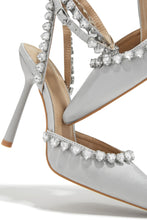 Load image into Gallery viewer, Silver-Tone Heart Embellished Ankle Strap Pumps