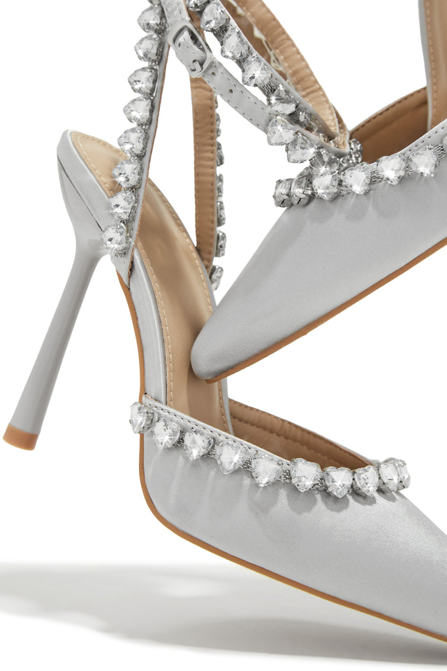 Load image into Gallery viewer, Silver-Tone Heart Embellished Ankle Strap Pumps