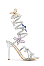 Load image into Gallery viewer, Silver-Tone Wrap Around Ankle Coil Embellished Butterfly Patch Heels