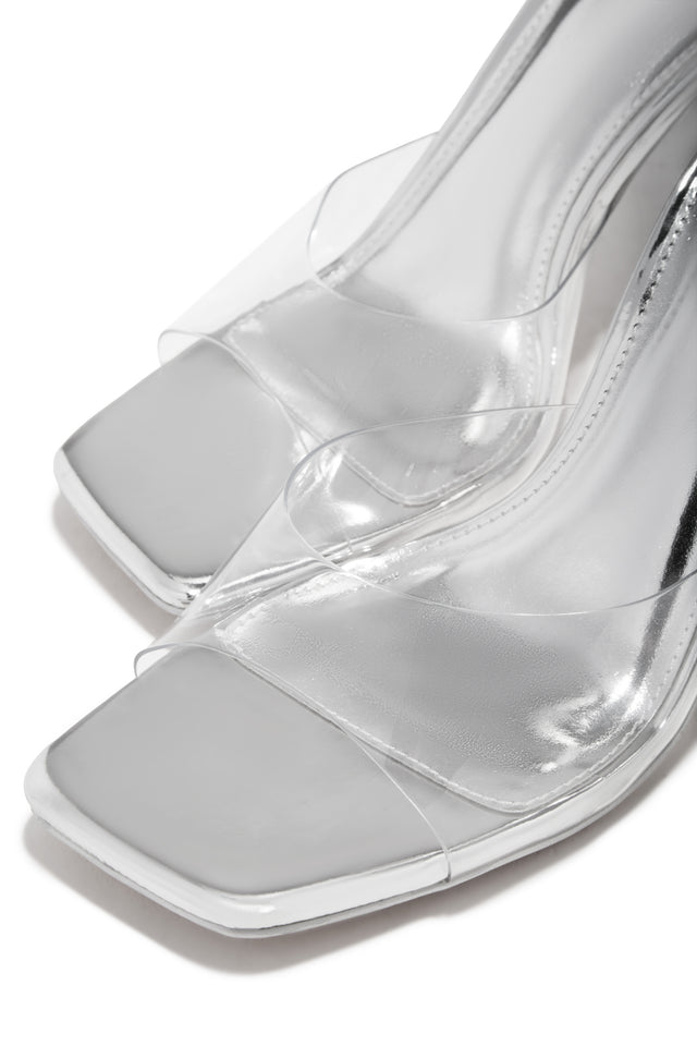 Load image into Gallery viewer, Kendal Clear Strap Mid Heel Mules - Silver