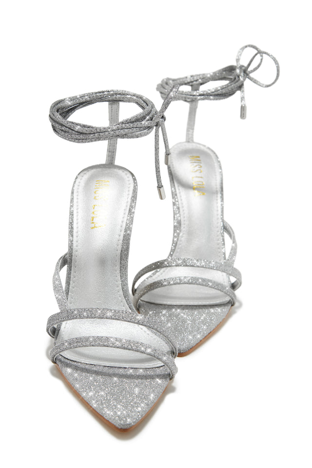 Load image into Gallery viewer, Kimana Glitter Lace Up Heels - Silver