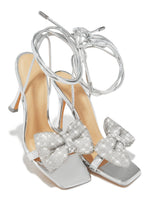 Load image into Gallery viewer, Ciela Lace Up Embellished Bow Heels - Silver