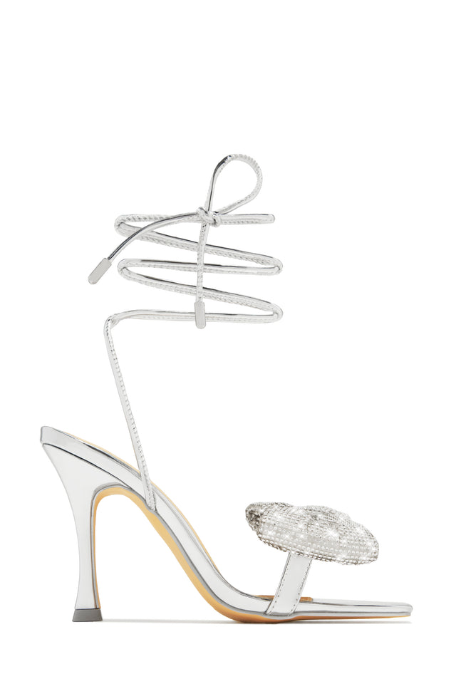 Load image into Gallery viewer, Ciela Lace Up Embellished Bow Heels - Silver
