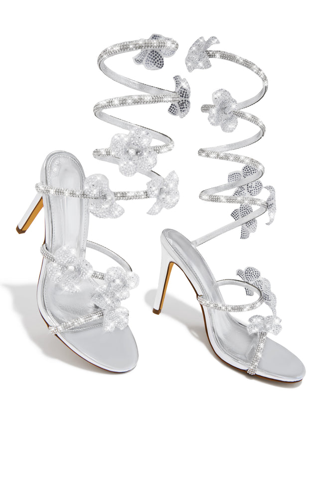 Load image into Gallery viewer, Flora Embellished Around The Ankle Coil Heels - Silver