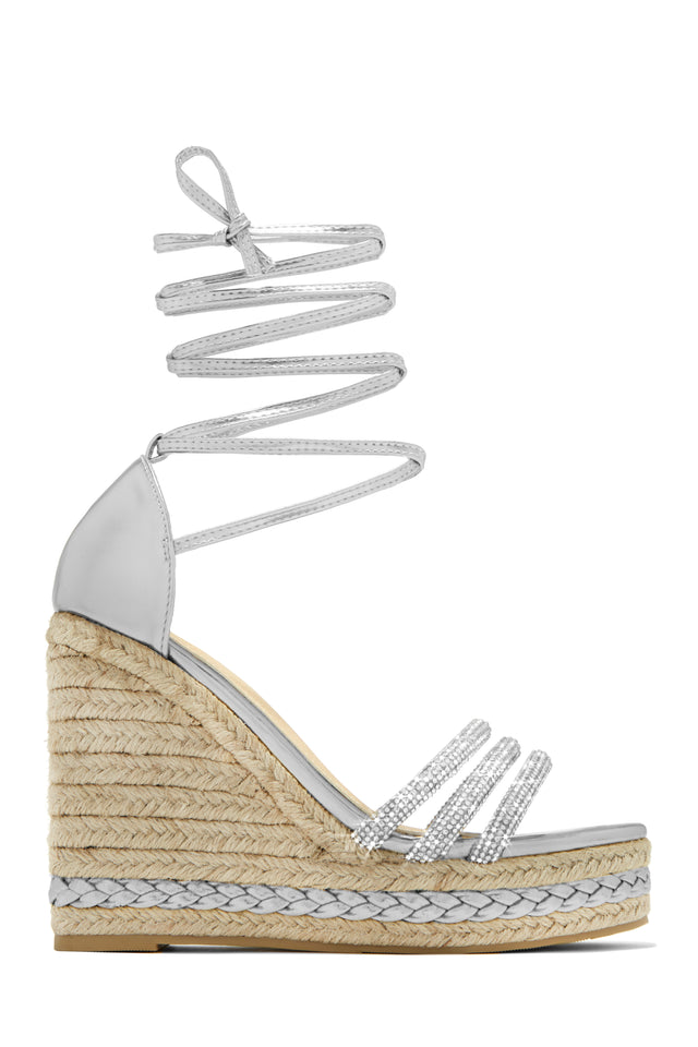 Load image into Gallery viewer, Malibu Yacht Embellished Lace Up Platform Wedges - Silver
