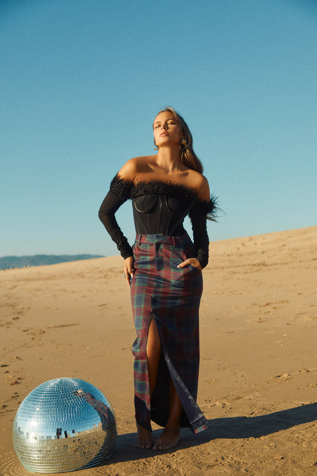 Load image into Gallery viewer, Black Bodysuit Styled with Plaid Skirt