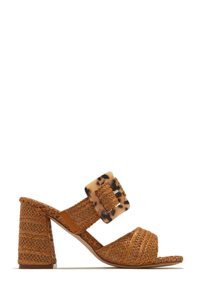 Load image into Gallery viewer, Tan Single Sole Raffia Block Mid Heel Mules
