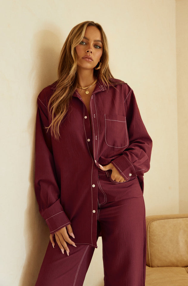 Load image into Gallery viewer, Aleza Long Sleeve Button Up Top - Burgundy