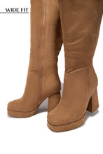 Load image into Gallery viewer, Hudson Wide Fit Platform Block Heel Boots - Camel Suede