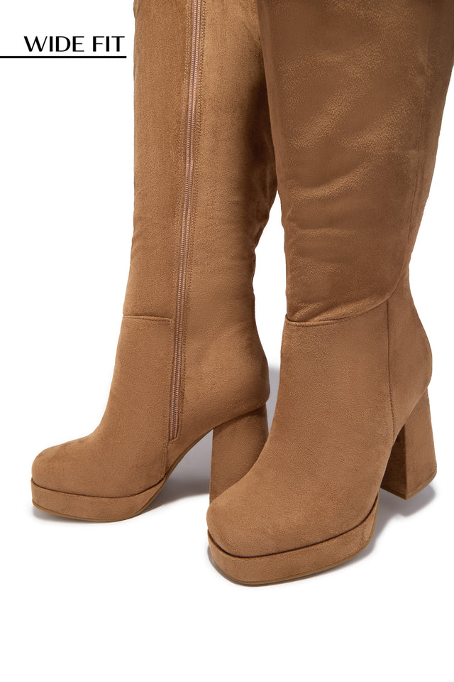 Load image into Gallery viewer, Hudson Wide Fit Platform Block Heel Boots - Camel Suede