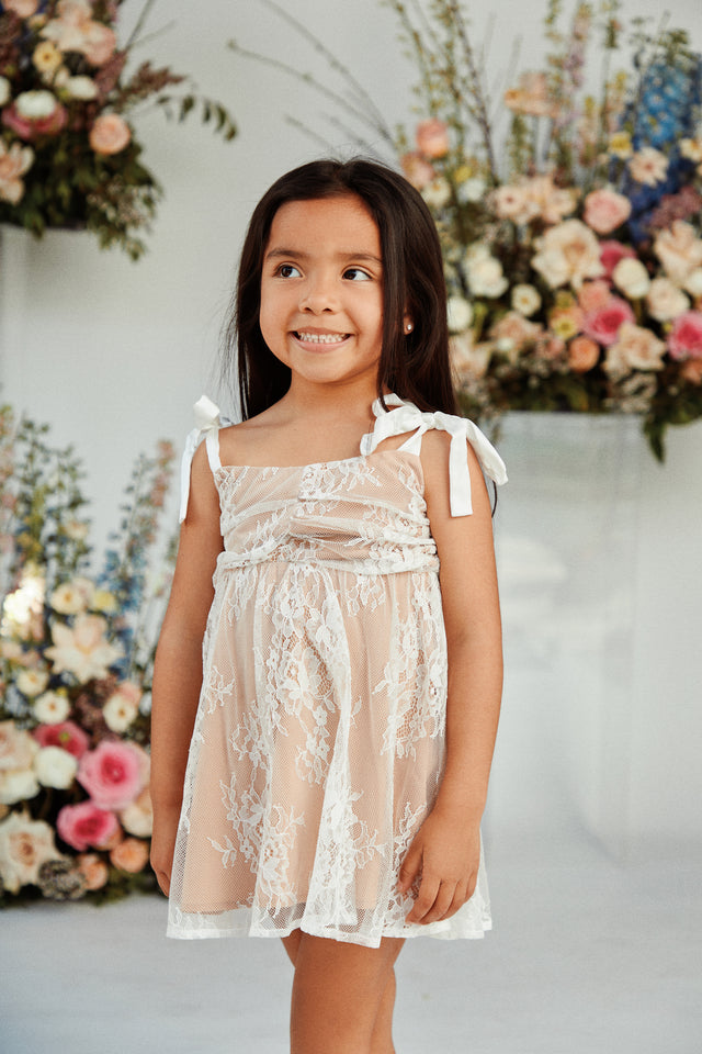 Load image into Gallery viewer, White Lace and White Nude Mini Dress