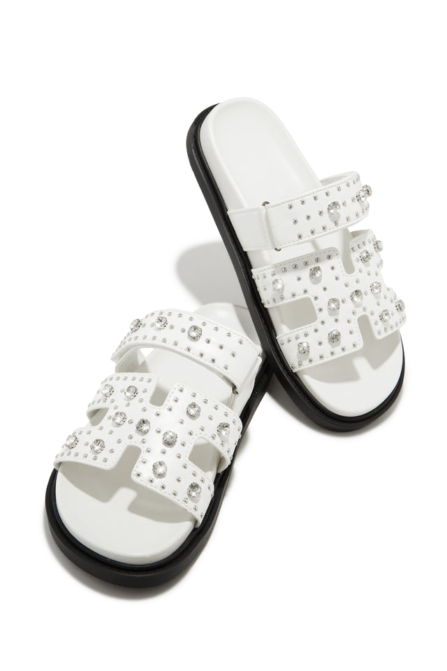 Load image into Gallery viewer, White Chunky Slip On Sandals with Embellished Detailing