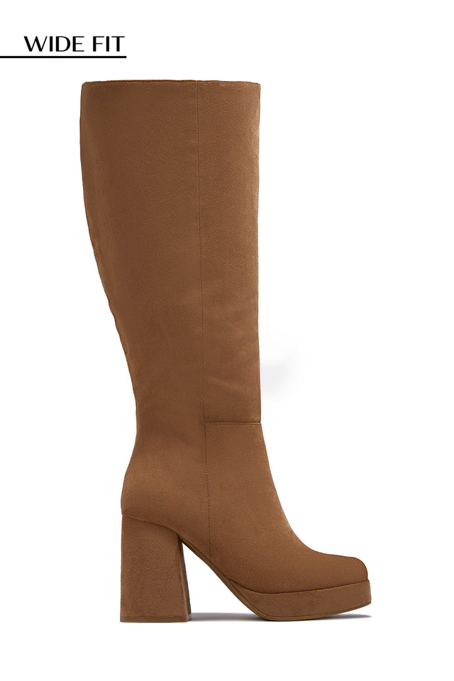 Load image into Gallery viewer, Hudson Wide Fit Platform Block Heel Boots - Camel Suede