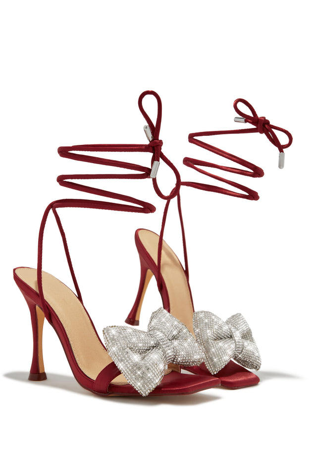 Load image into Gallery viewer, Ciela Lace Up Embellished Bow Heels - Wine