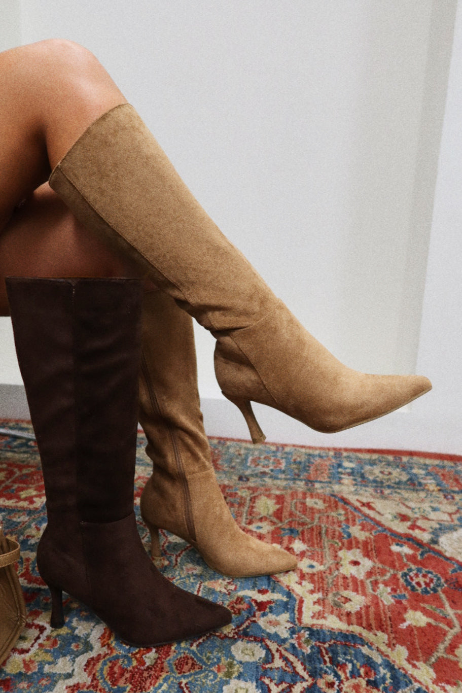 Miss Lola | Zama Camel Suede Knee High Heel Boots – MISS LOLA