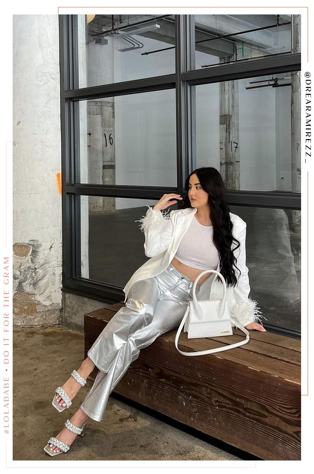 Load image into Gallery viewer, Girl Siting Wearing Silver Pants with White Blazer