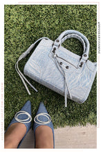 Load image into Gallery viewer, Woman Wearing Denim Heels next to Denim Bag