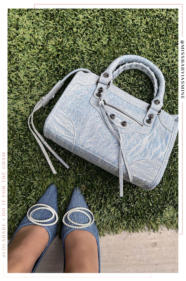 Load image into Gallery viewer, Woman Wearing Denim Heels next to Denim Bag