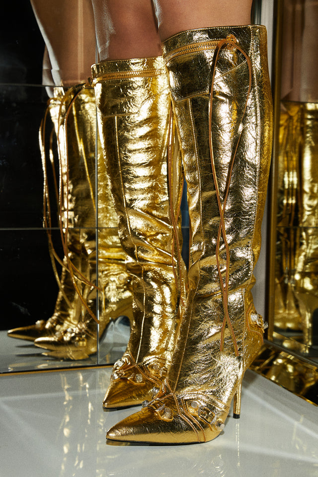 Load image into Gallery viewer, Women Wearing Gold-Tone Knee High Boots