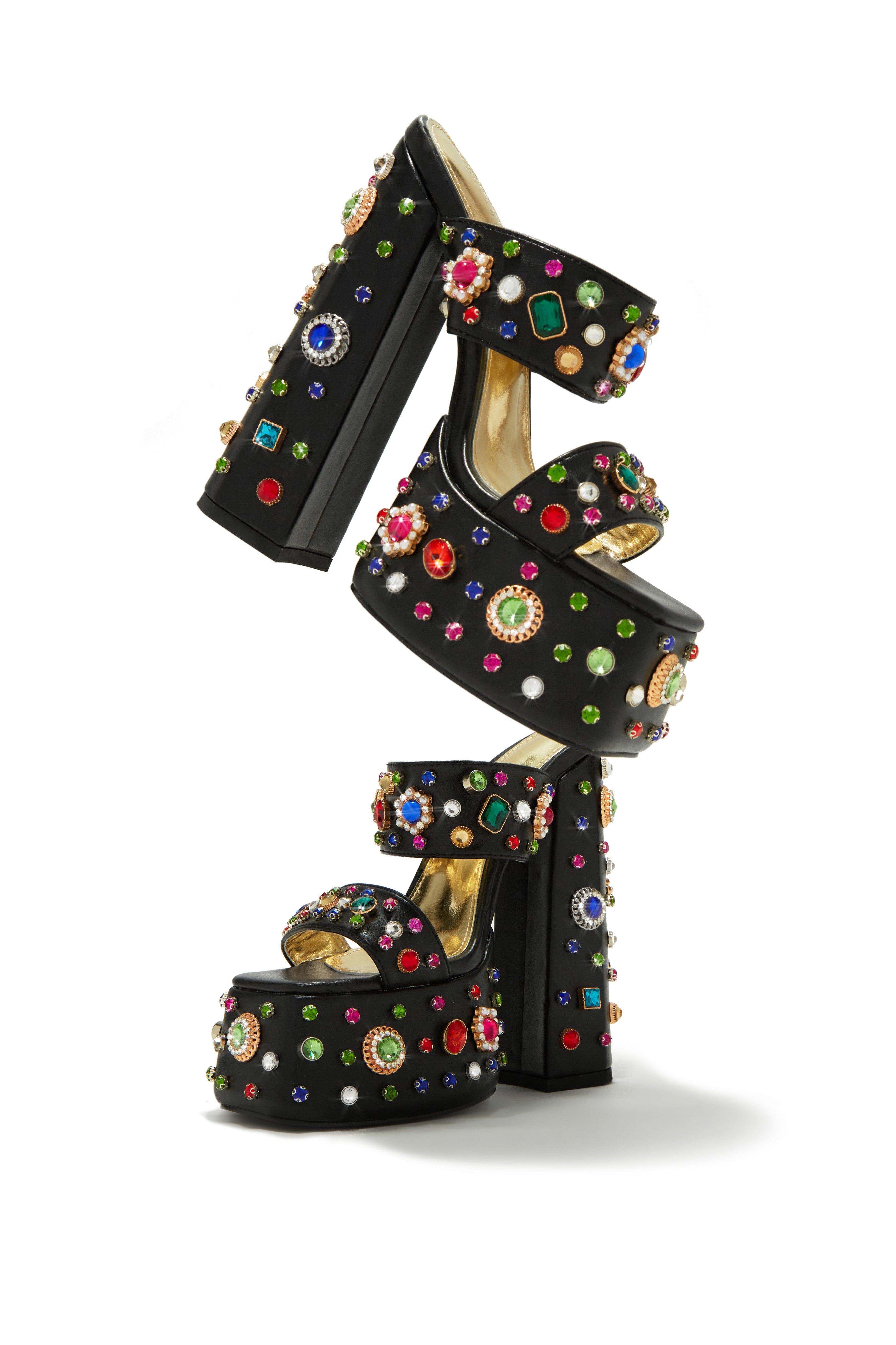 Miss Lola | Azalea Wang Breeze Black Multi Embellished Platform Block Heel Mules