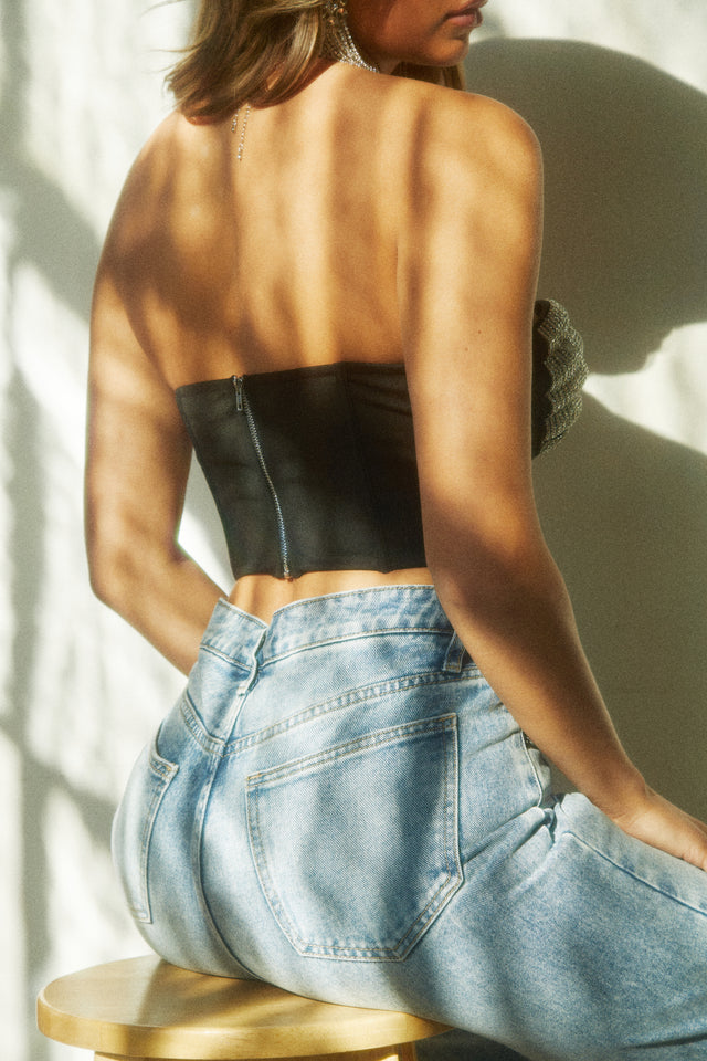 Load image into Gallery viewer, Black Corset Top with Exposed Metal Zipper at CB