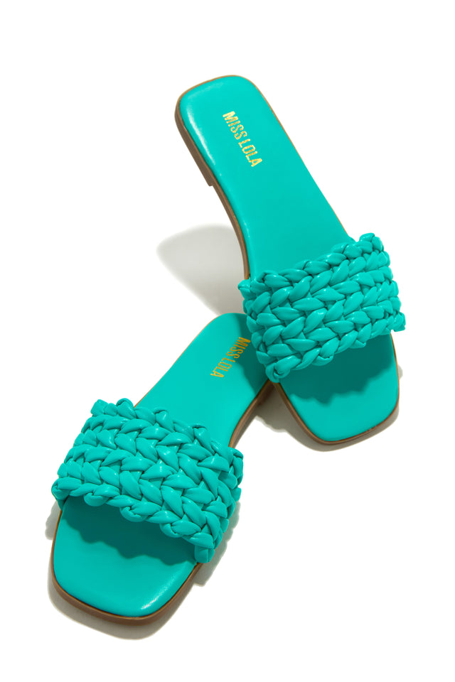 Load image into Gallery viewer, Teal Braided Strap Slip On Sandals
