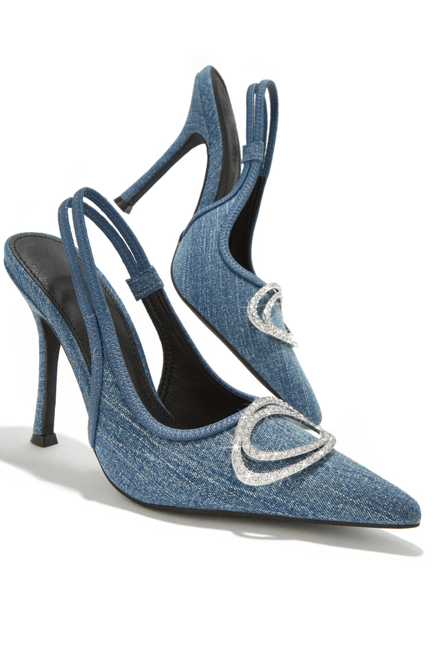 Load image into Gallery viewer, Denim Blue Slingback Pumps with Embellished Pendant