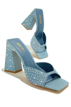 Load image into Gallery viewer, Denim Block Heel Mules with Rhinestone Embellishments