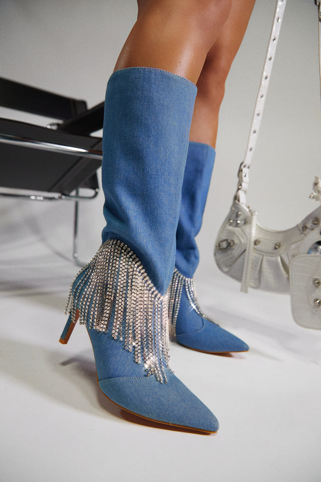 Load image into Gallery viewer, Denim Boots with Fringe Embellished Detailing