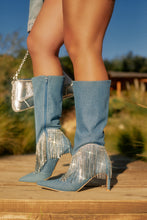 Load image into Gallery viewer, Faye Embellished Fringe Knee High Boots - Denim
