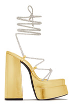Load image into Gallery viewer, Sweet Temptation Embellished Lace Up Platform Heels - Gold