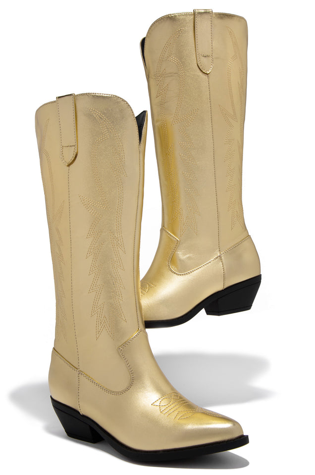 Load image into Gallery viewer, Gold Tone Boots With Stacked Heel