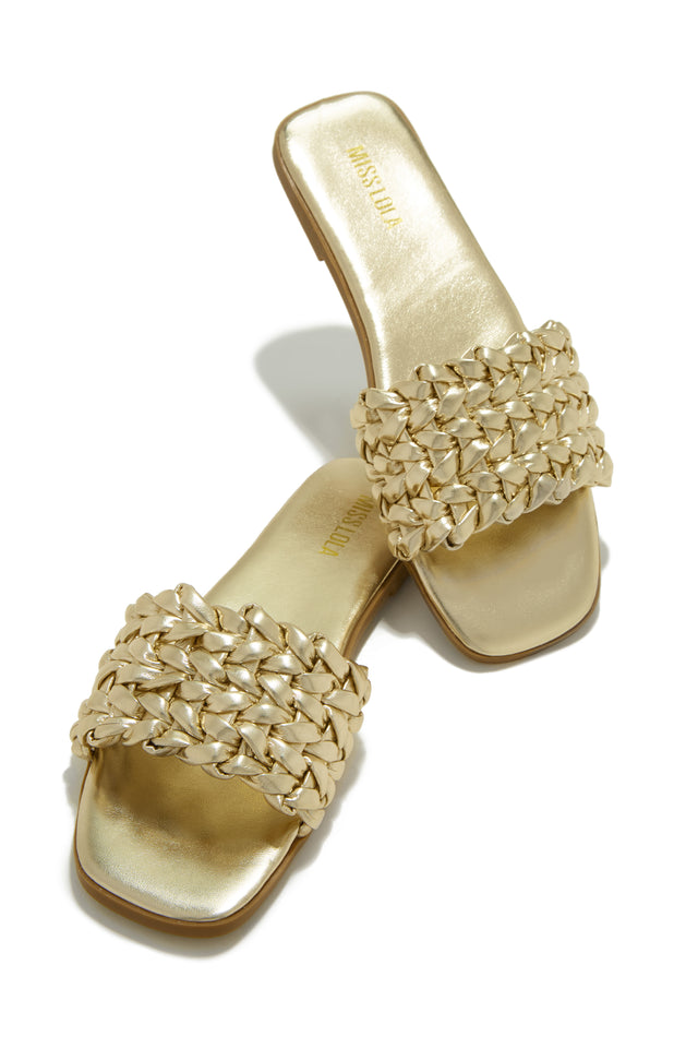 Load image into Gallery viewer, Gold-Tone Braided Strap Slip On Sandals