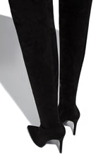 Load image into Gallery viewer, Black over the knee high heel boot with lower side zipper and back tie