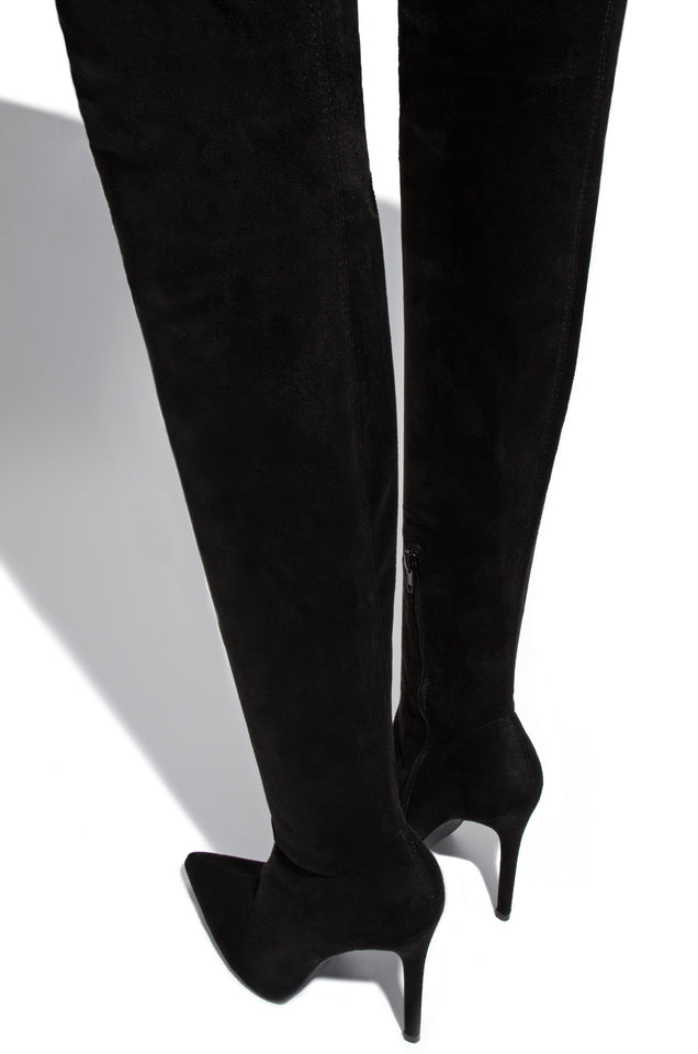 Load image into Gallery viewer, Black over the knee high heel boot with lower side zipper and back tie